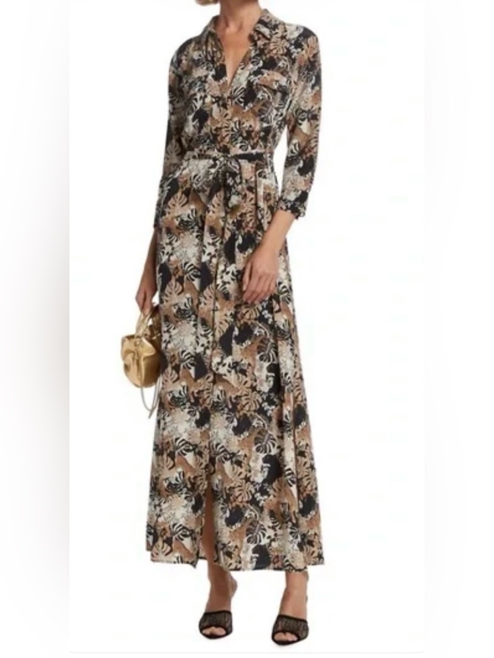 L'AGENCE Black and Tan Botanical Print Maxi Shirt Dress